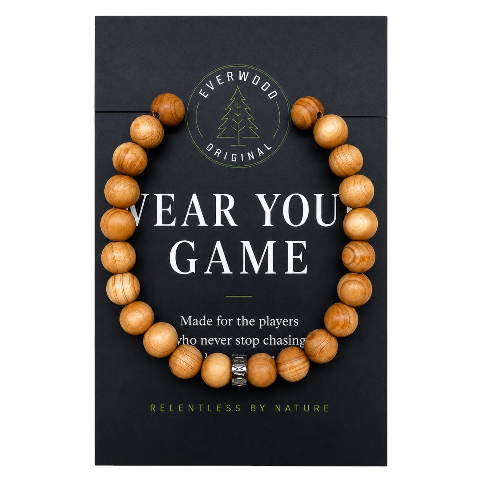 Wooden beaded bracelet on a black card with branding and text.