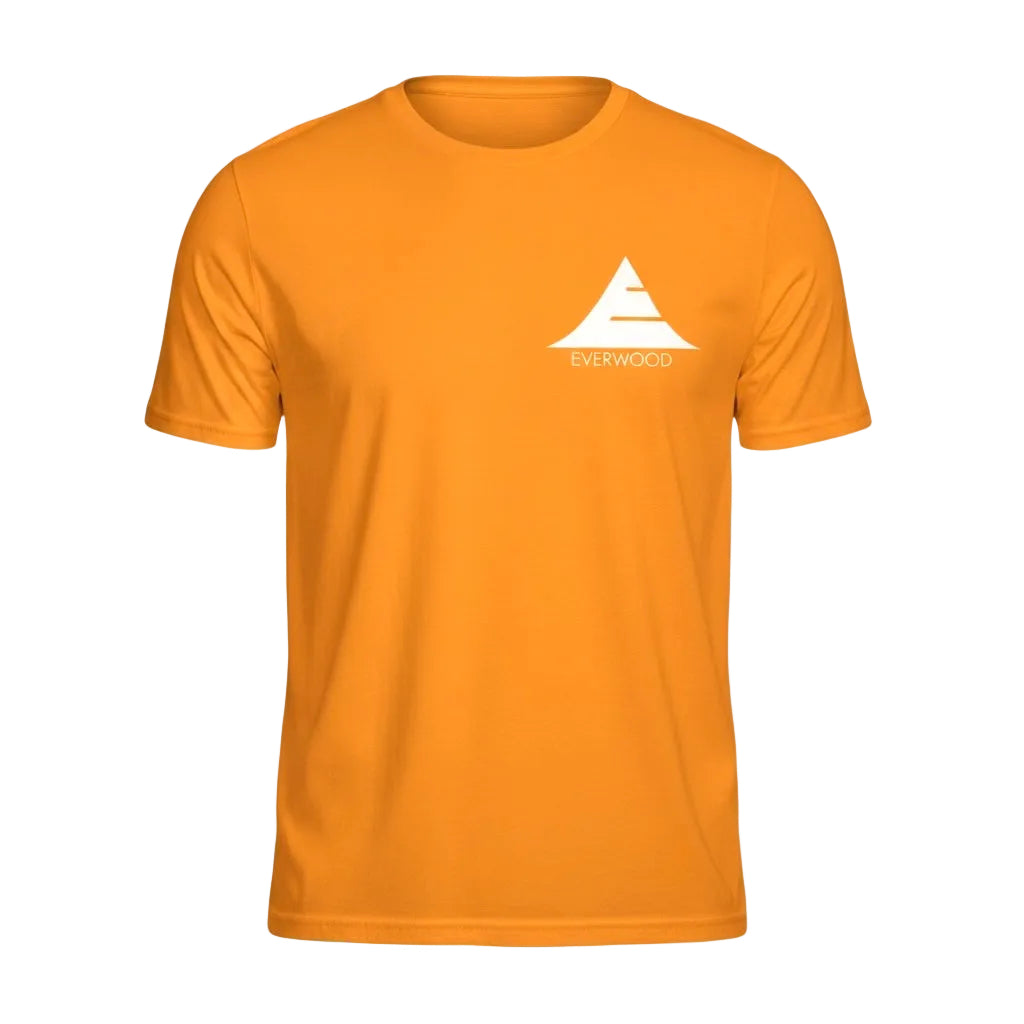 Orange t-shirt with a white logo on a white background