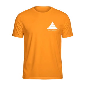 Orange t-shirt with a white logo on a white background