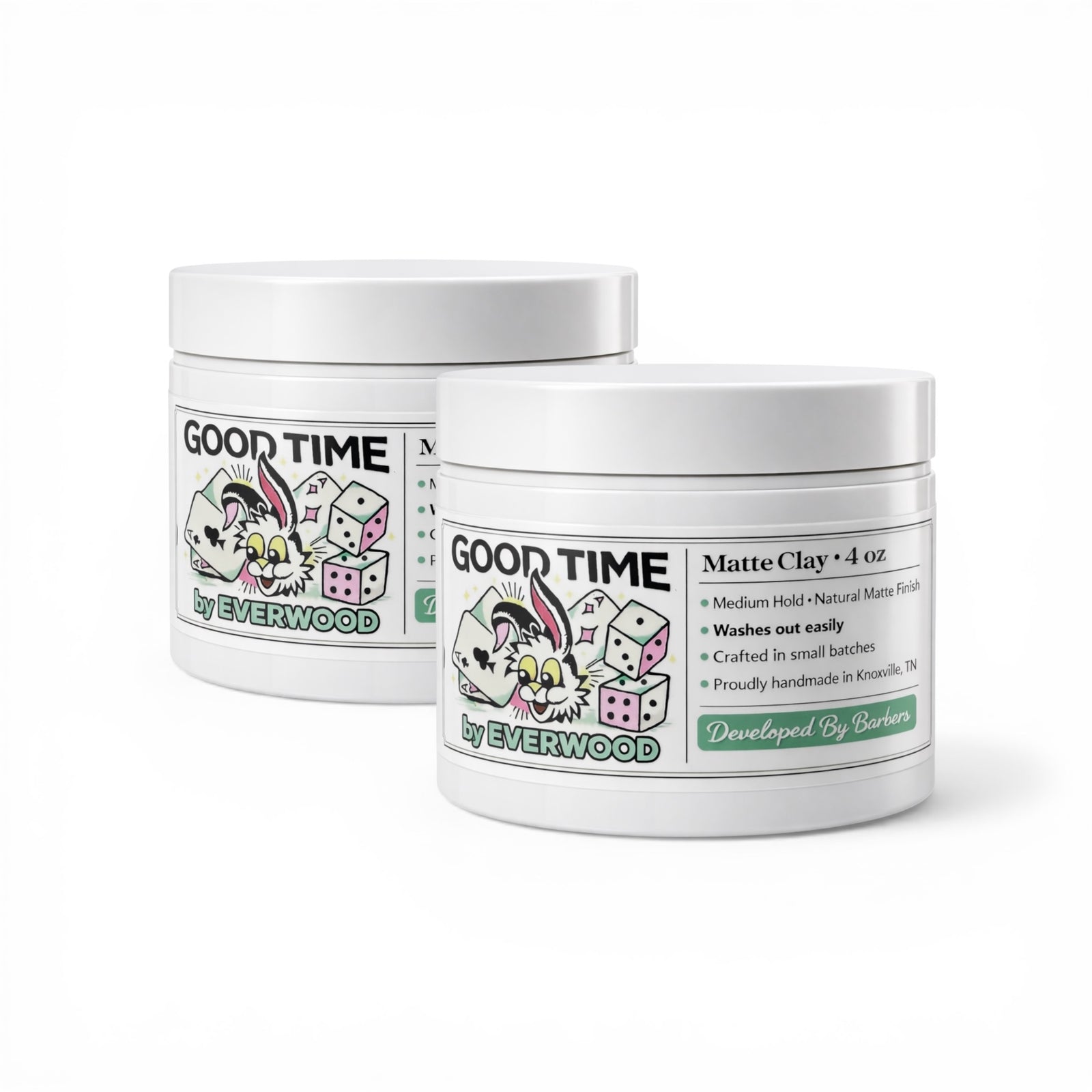 Two jars of 'Good Time by Everwood' matte clay on a white background