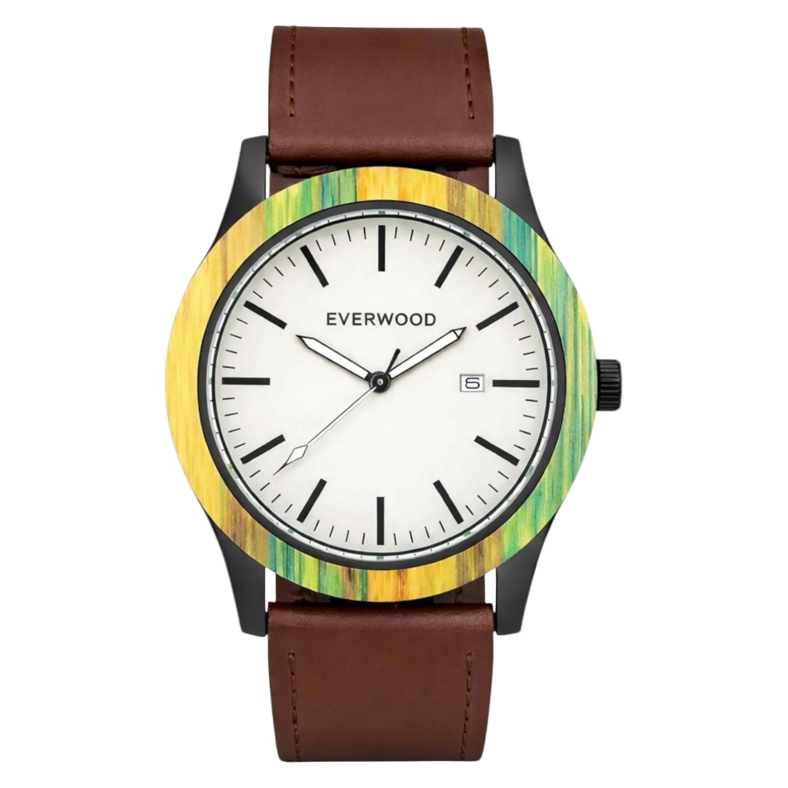 Watch with a colorful wooden face and brown leather strap on a white background