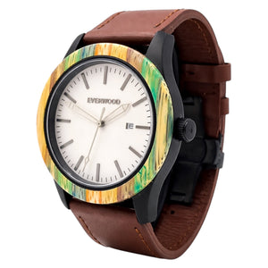 Watch with a colorful wooden face and brown leather strap on a white background