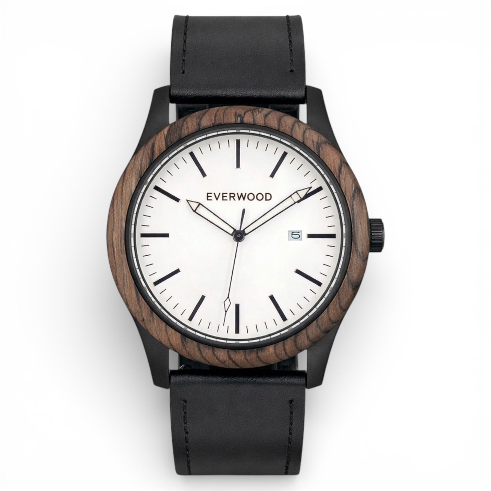 Watch with wooden bezel and black leather strap on white background