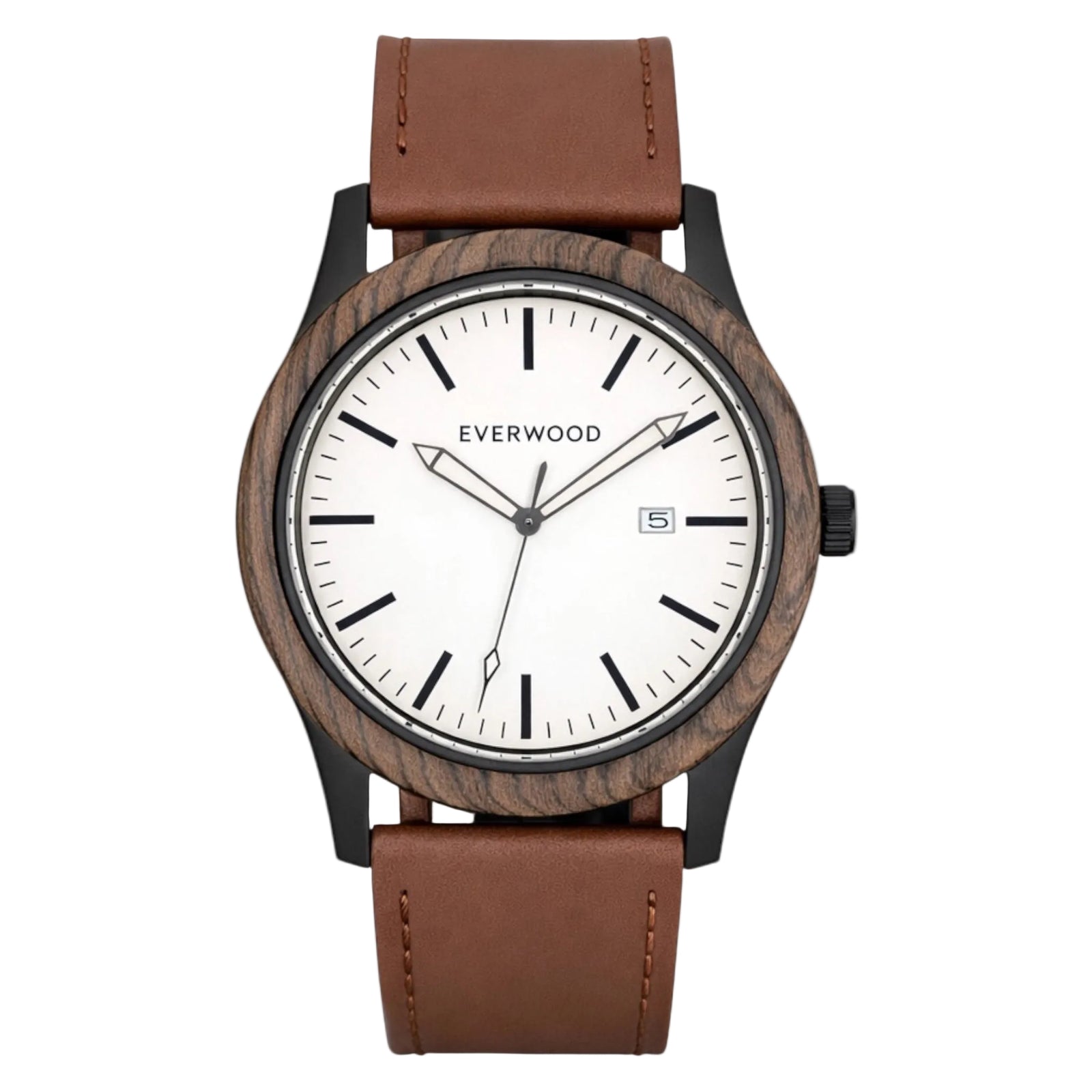 Watch with brown leather strap and wooden casing on a white background
