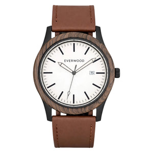 Watch with brown leather strap and wooden casing on a white background