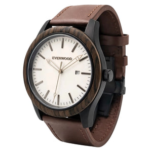Everwood watch with brown leather strap and wooden face on a white background