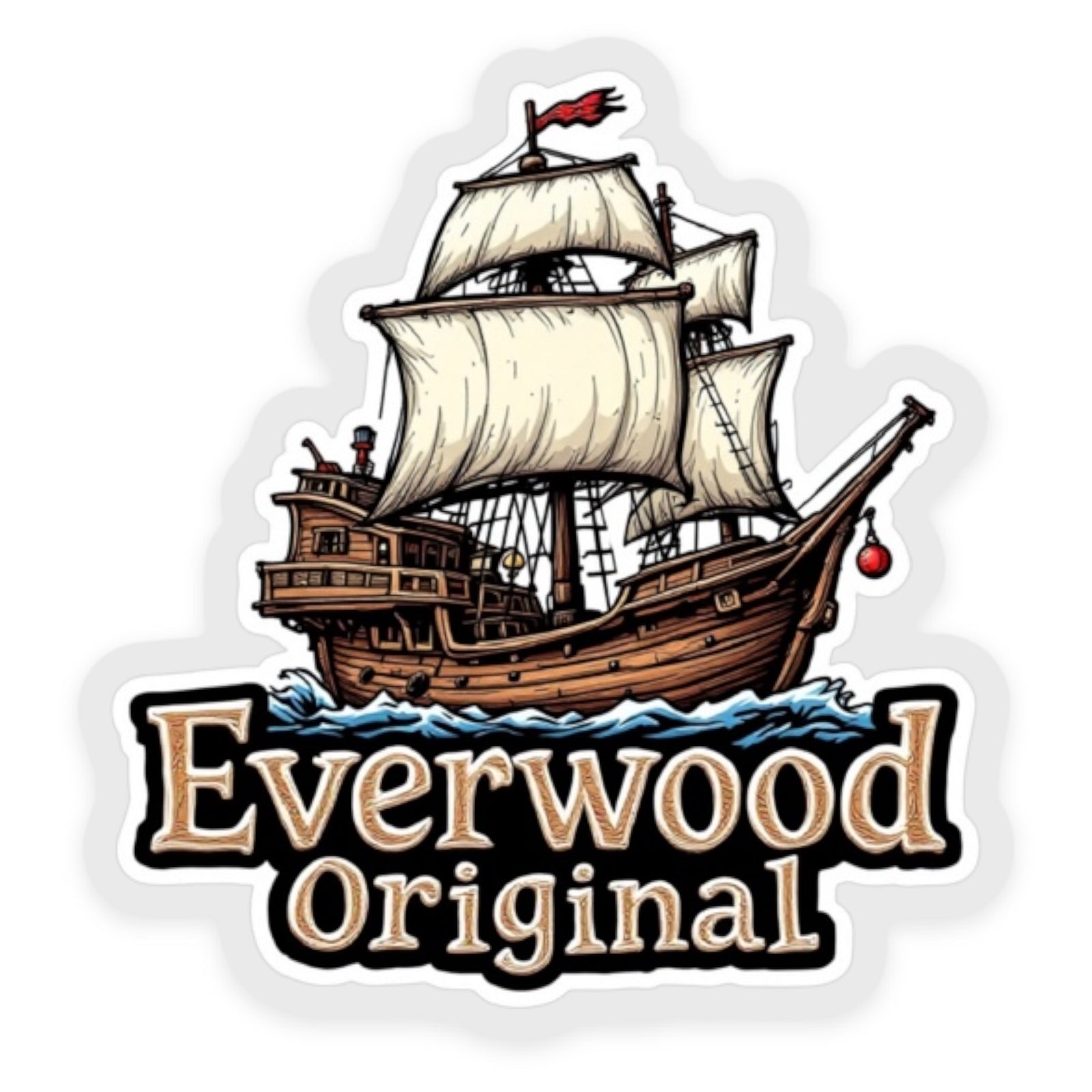 Sticker with a ship design and 'Everwood Original' text on a white background