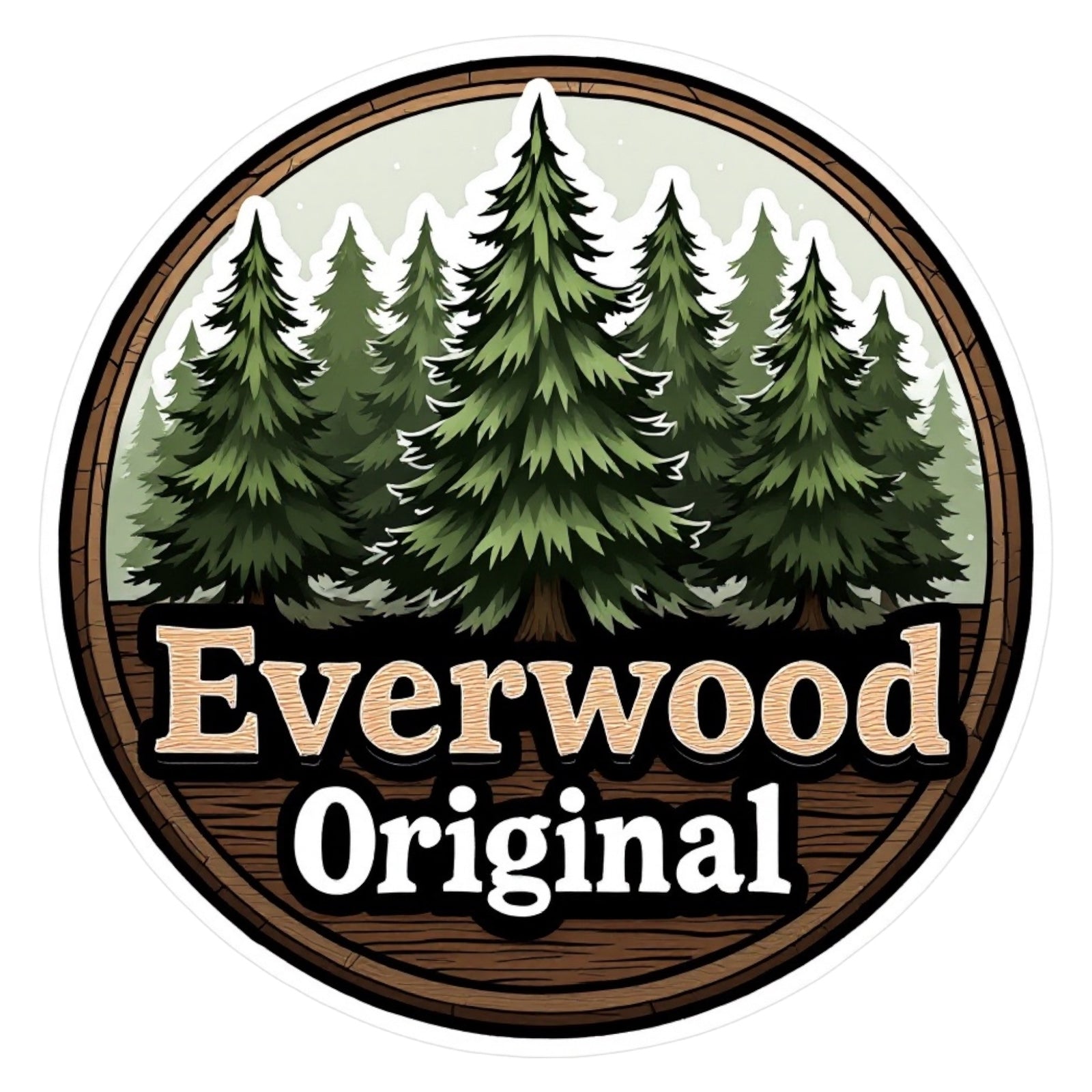 Circular logo with evergreen trees and 'Everwood Original' text on a white background