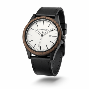 Wristwatch with wooden bezel and black leather strap on white background
