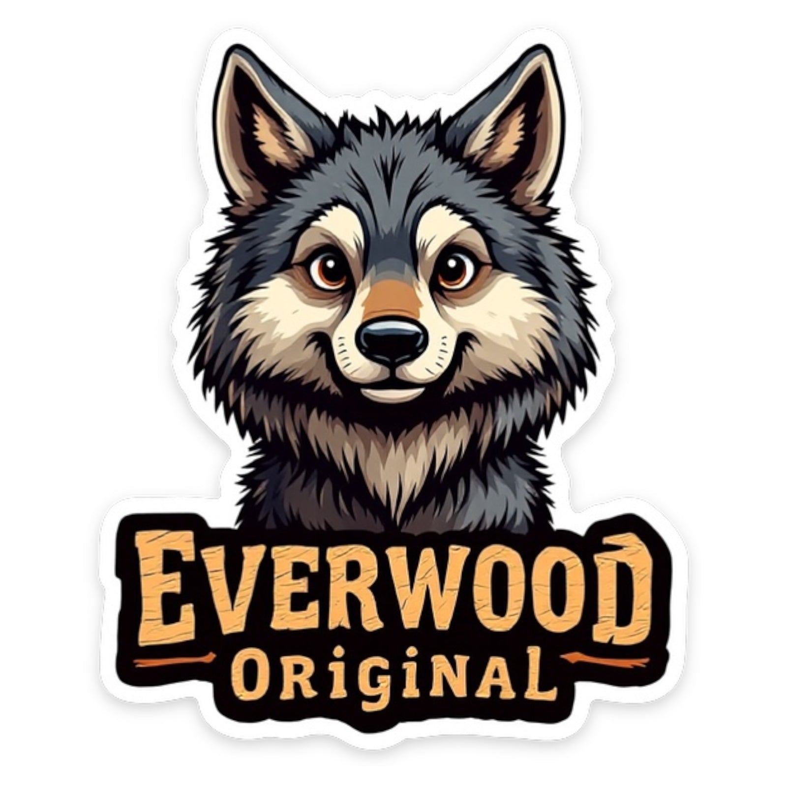 Sticker with a wolf design and 'Everwood Original' text on a white background
