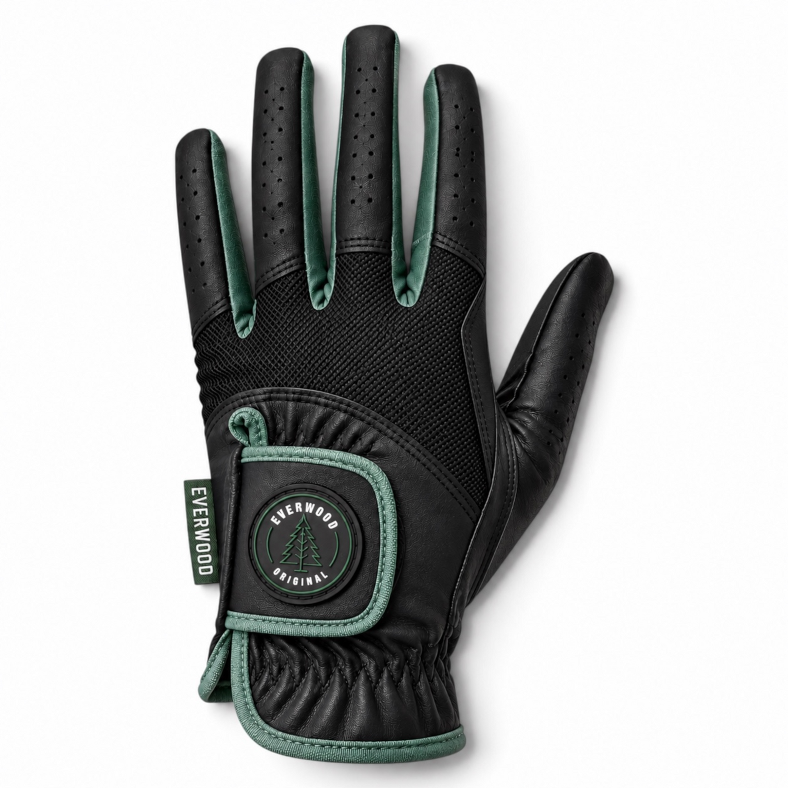 A single Everwood Original golf glove in black leather with sage green accents, shown from the back on a clean white background.
