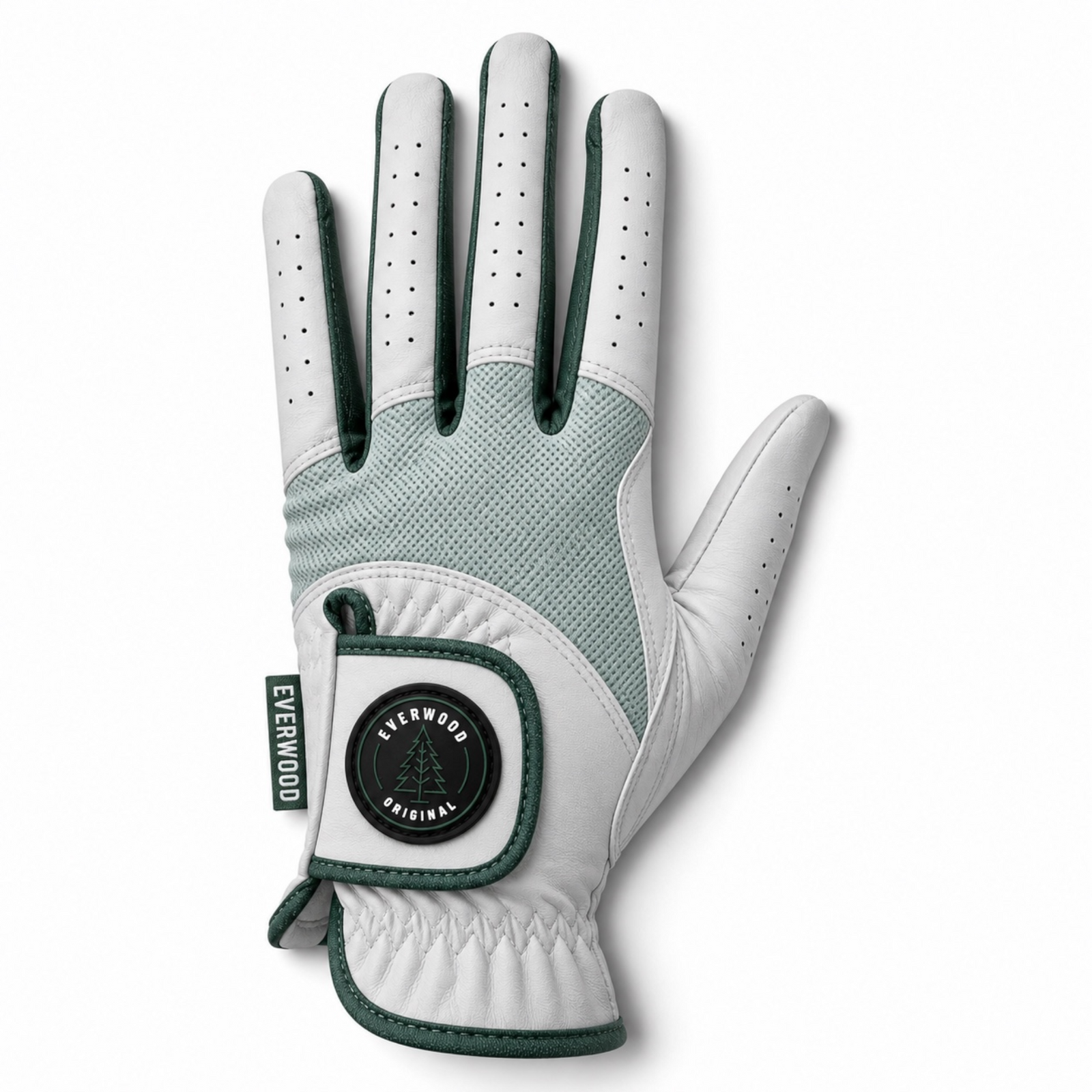 A single Everwood Original golf glove shown flat against a white background, featuring white leather and light sage green mesh panels with dark green trim and perforations.