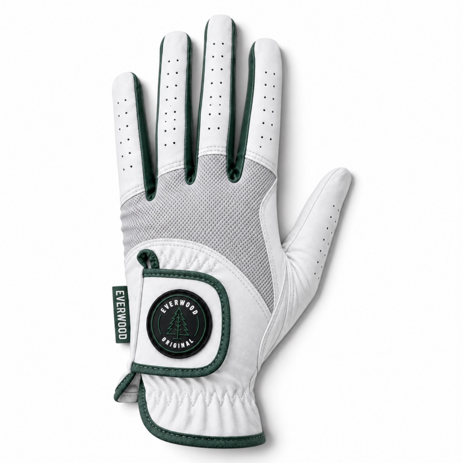 A single Everwood Original golf glove shown flat against a white background, featuring a white leather back, light gray mesh palm, and dark green accents on the fingertips, wrist strap, and logo patch.