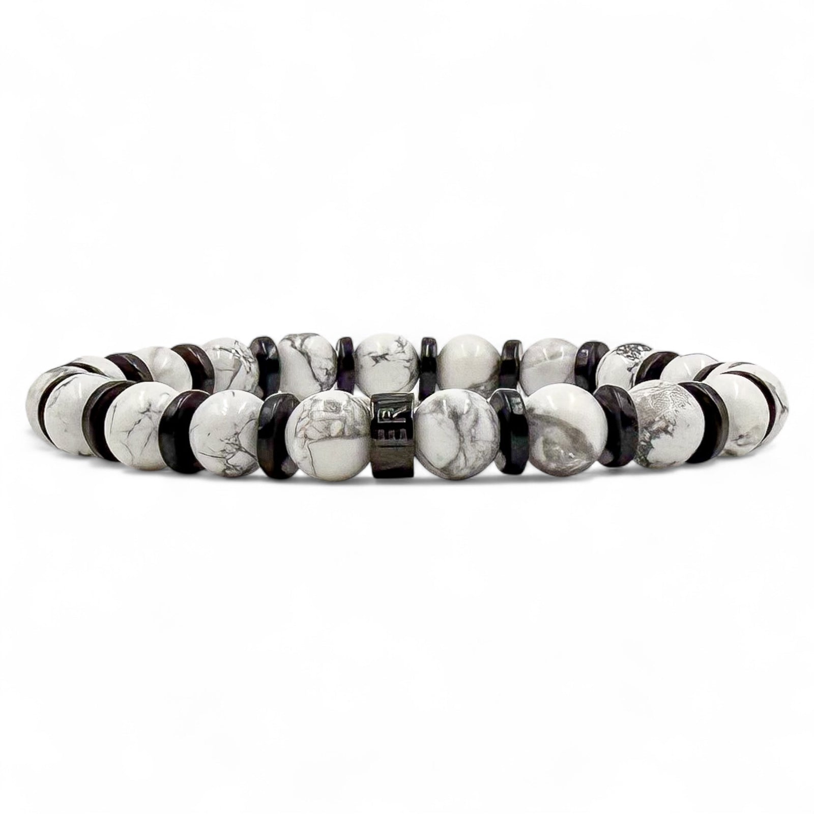 Front view of Pulse men’s beaded bracelet made with white howlite and blackwood beads