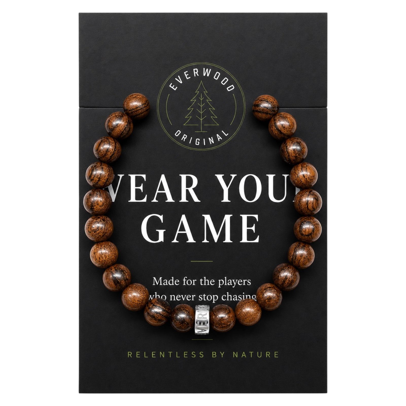 Wooden bracelet on a black card with branding and text