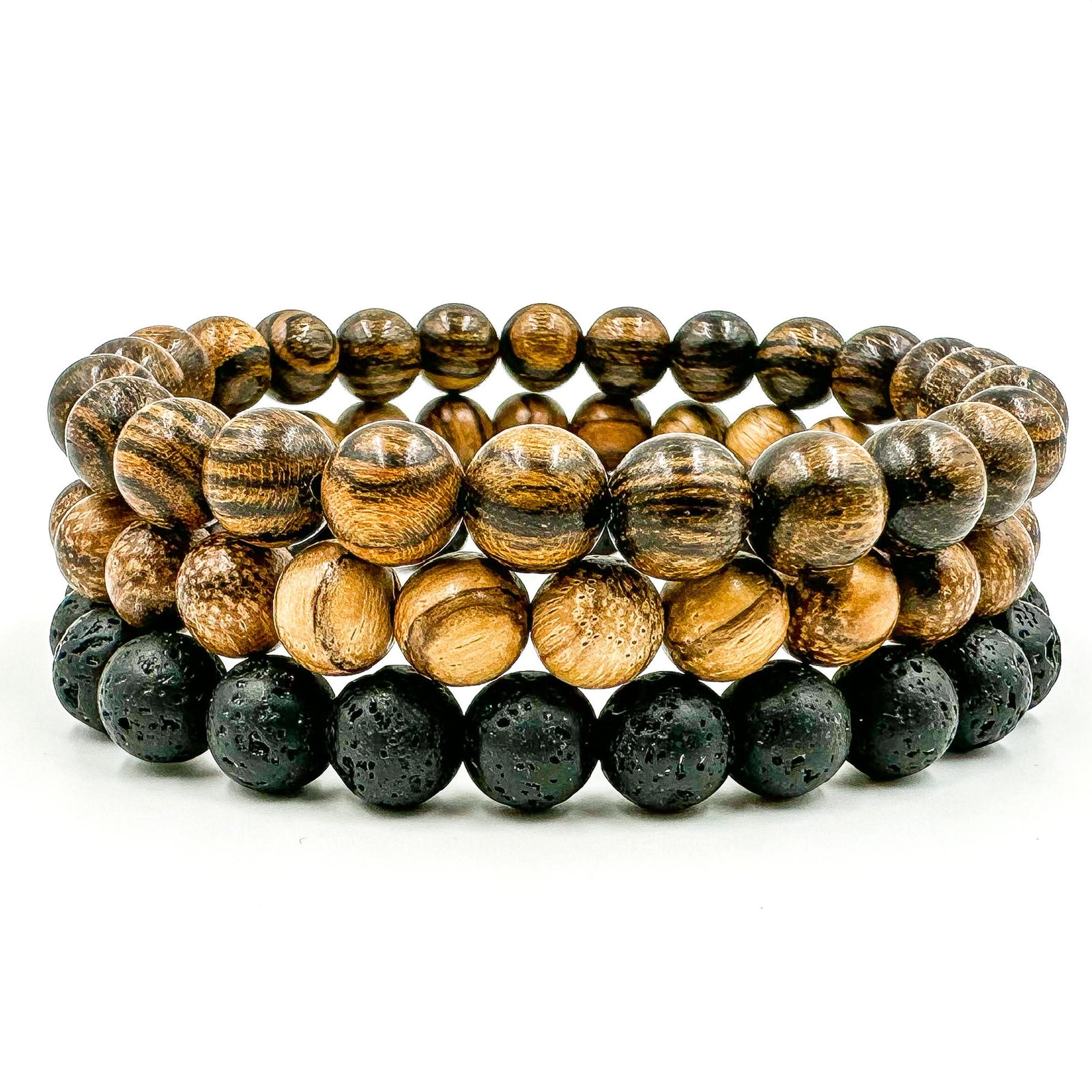 Premium 3 Pack Beaded Bracelet Stack - Sandalwood & Lava Rock